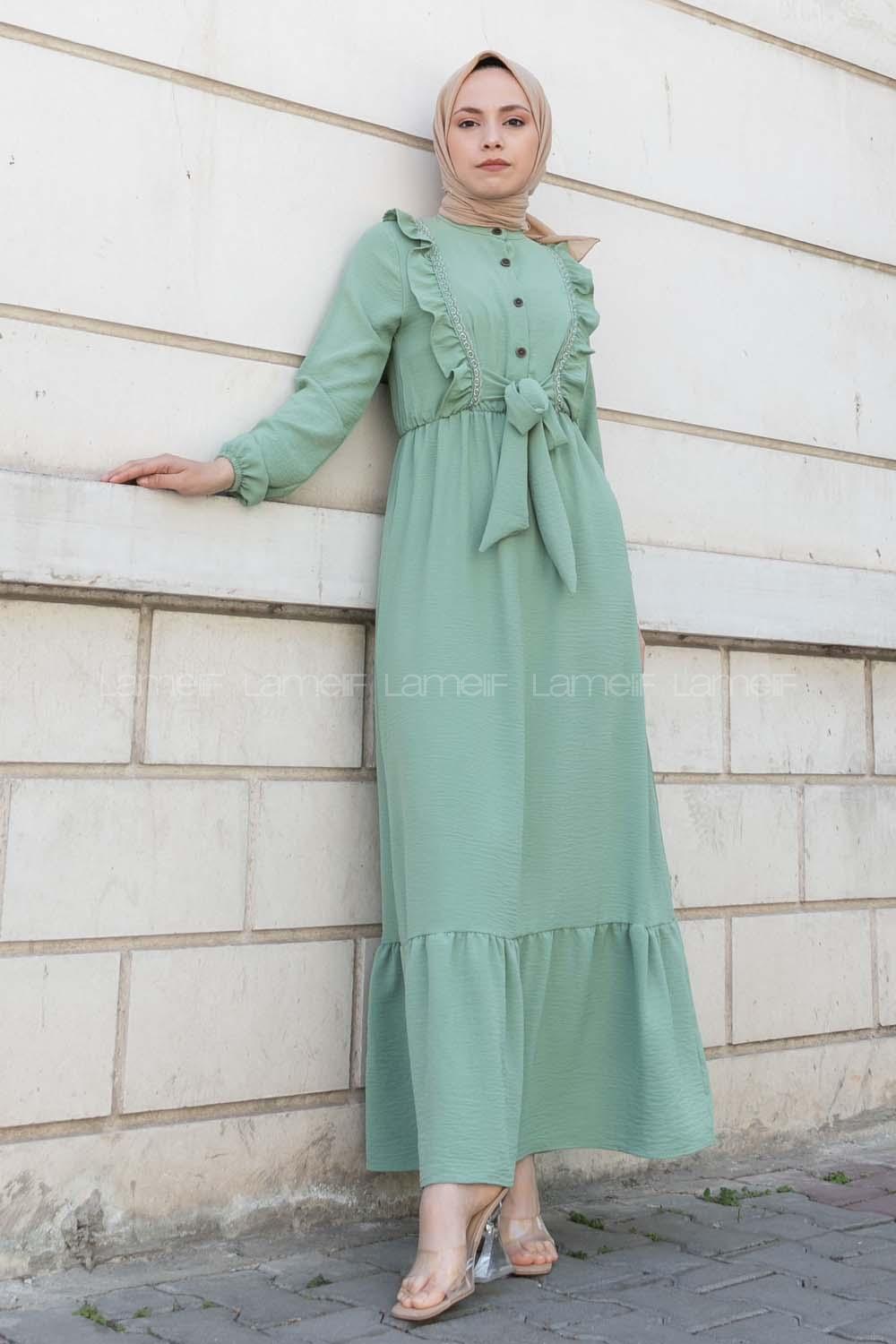 Plum Green Shirt Collar Cotton Unprinted Dresess