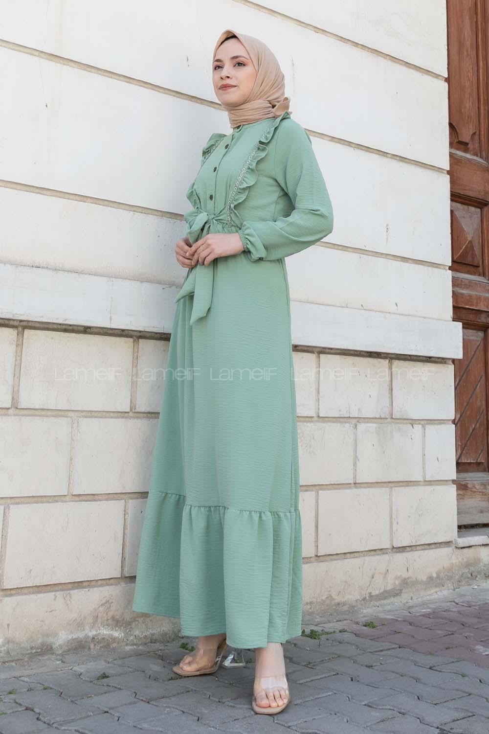 Plum Green Shirt Collar Cotton Unprinted Dresess