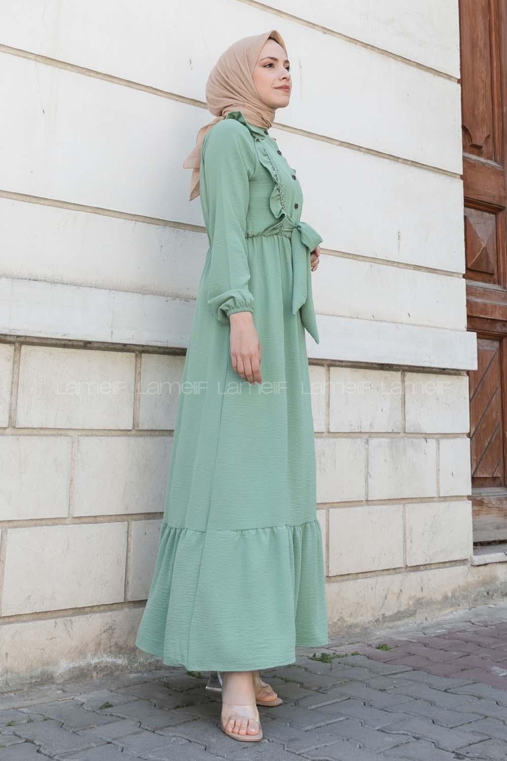 Plum Green Shirt Collar Cotton Unprinted Dresess