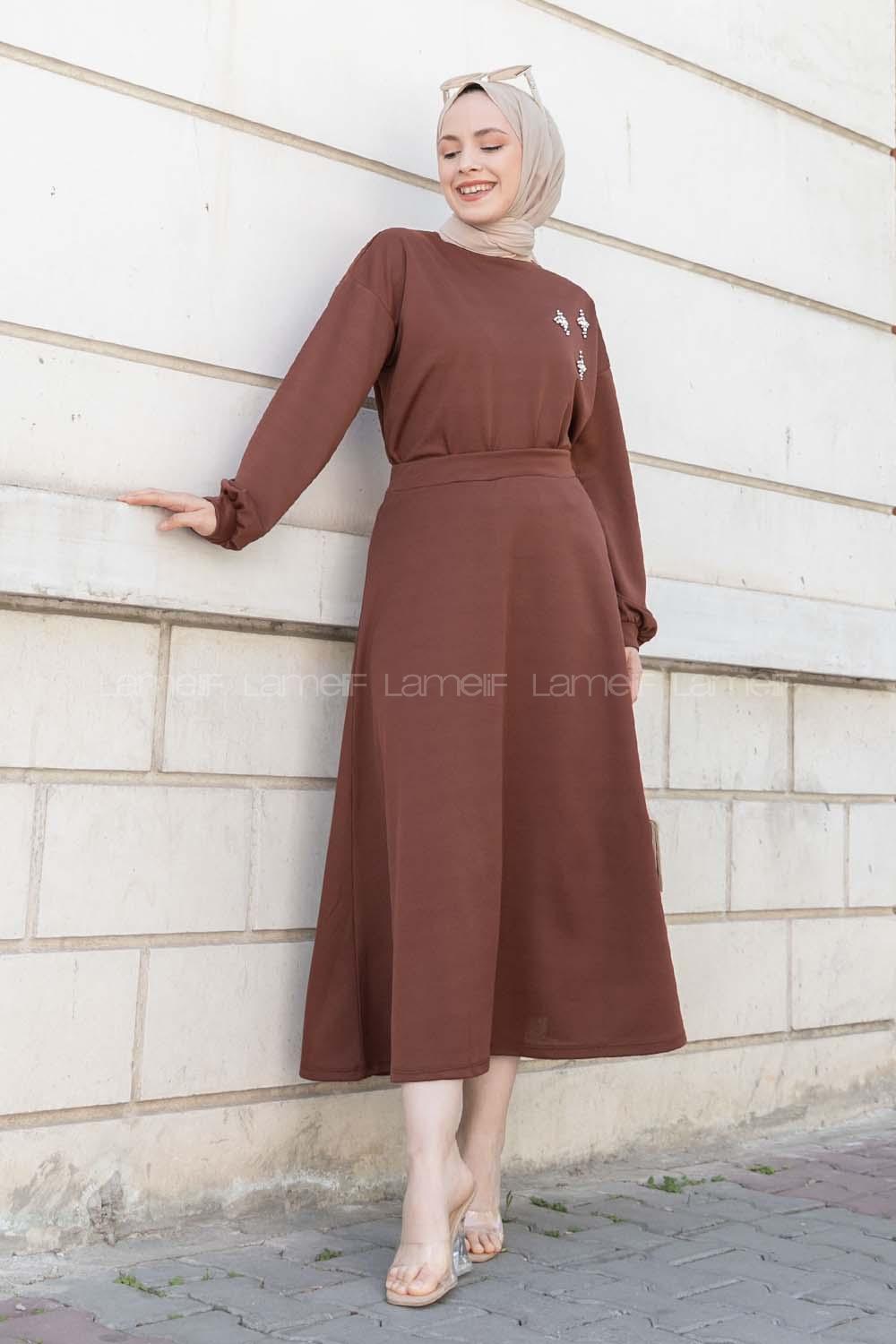 Bitter Brown Crew Neck Long Arm Pearl Embroidered Crepe Fabric Flare Suit