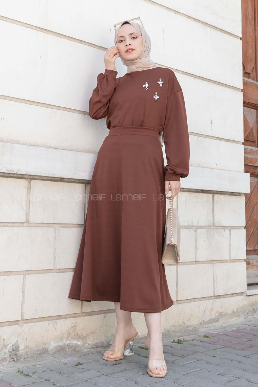 Bitter Brown Crew Neck Long Arm Pearl Embroidered Crepe Fabric Flare Suit