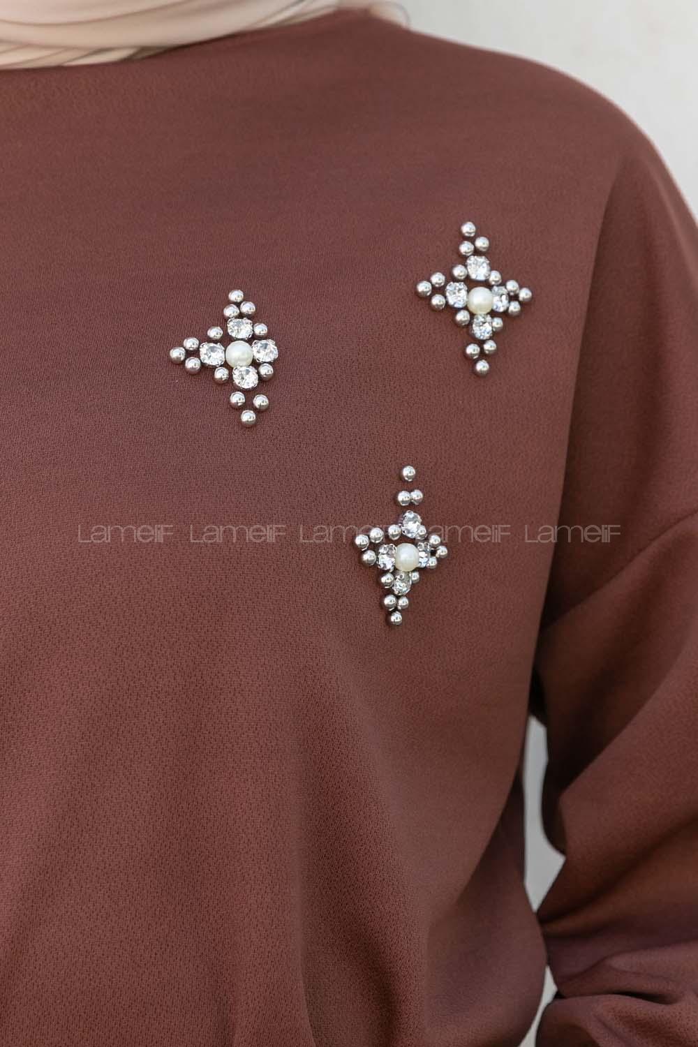 Bitter Brown Crew Neck Long Arm Pearl Embroidered Crepe Fabric Flare Suit