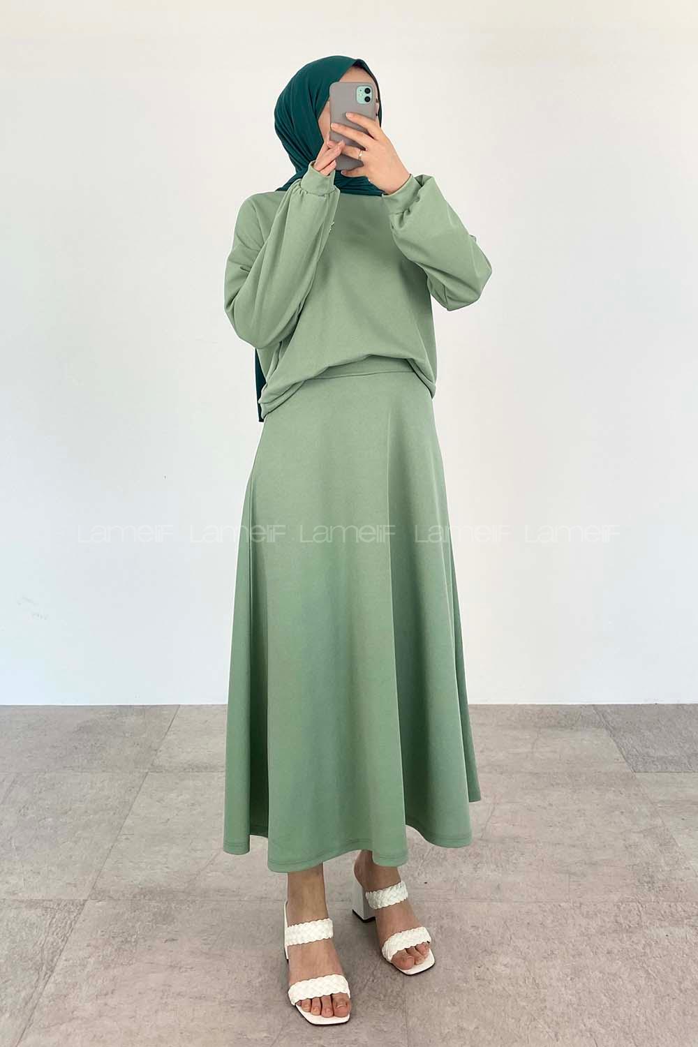 Mint Green Crew Neck Long Arm Pearl Embroidered Crepe Fabric Flare Suit