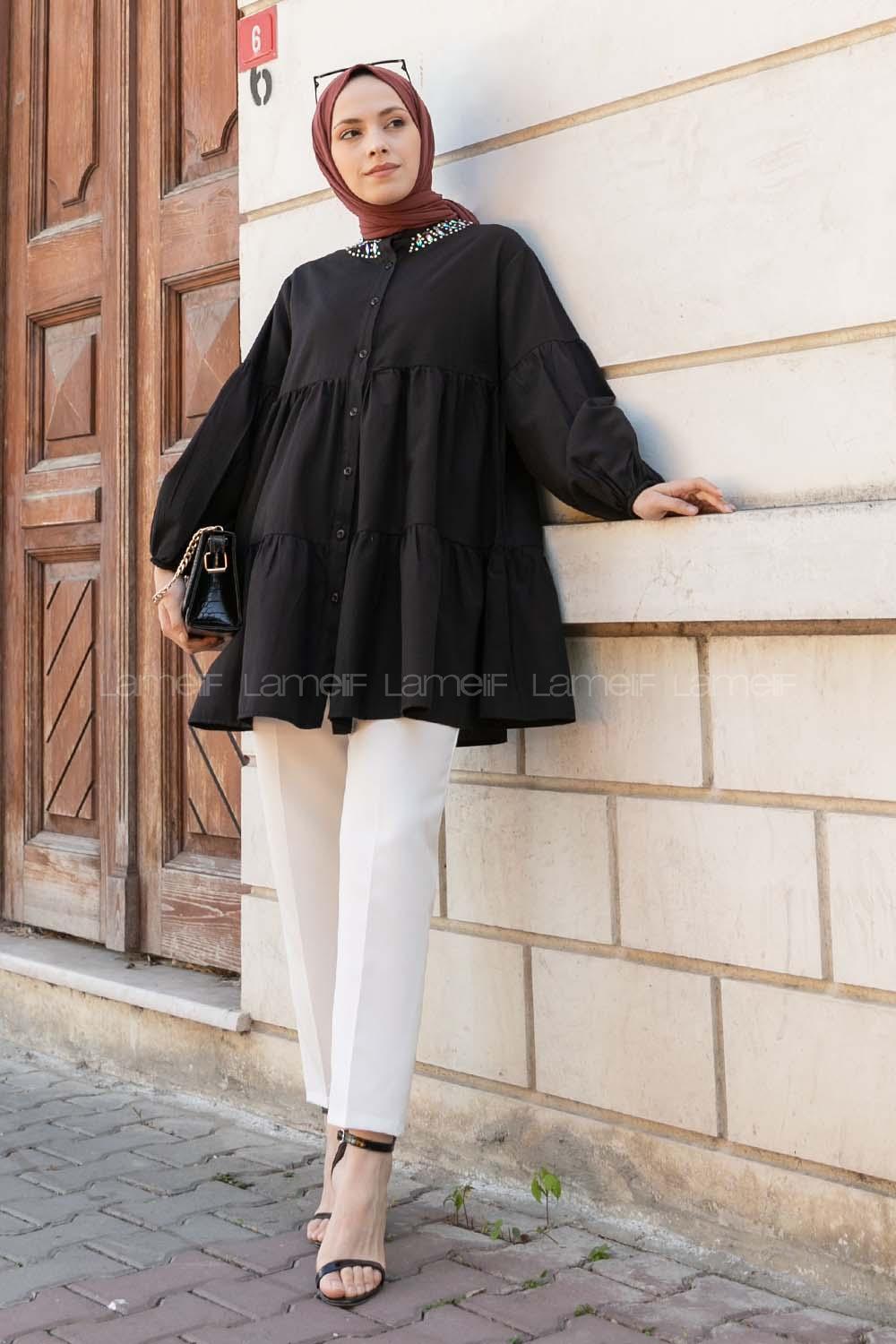Black Mandarin Collar Long Arm Cotton Unprinted Shirt