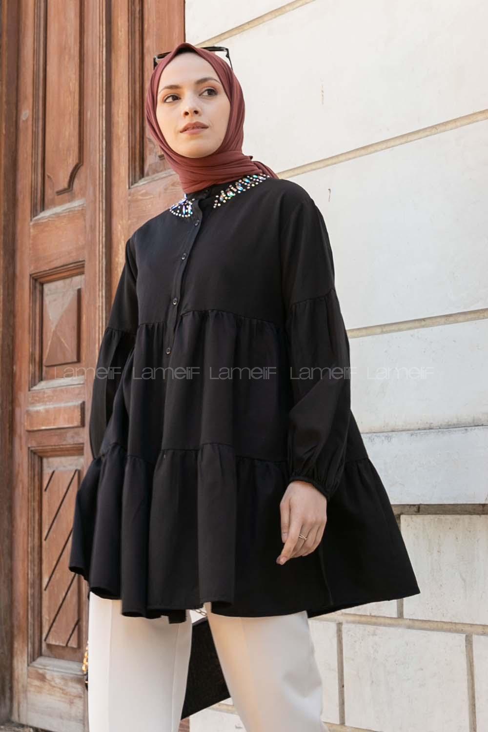 Black Mandarin Collar Long Arm Cotton Unprinted Shirt