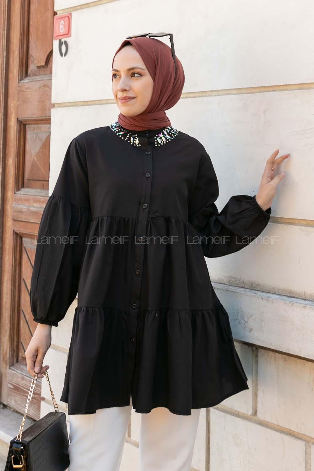 Black Mandarin Collar Long Arm Cotton Unprinted Shirt