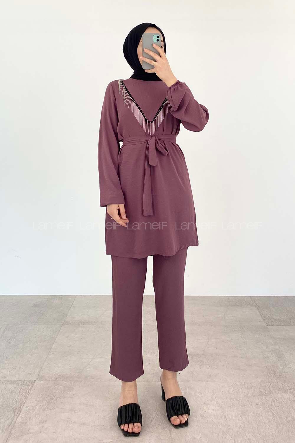 Plato Crew Neck Long Arm Beaded Ayrobin Trousers Comfortable Suit