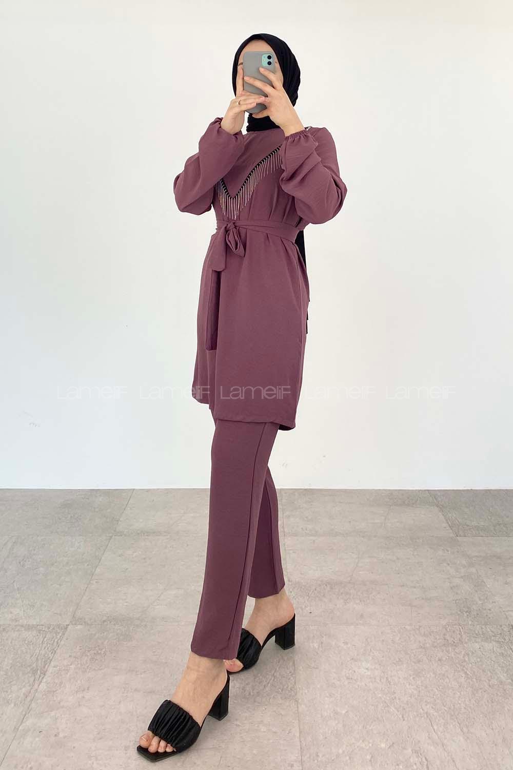 Plato Crew Neck Long Arm Beaded Ayrobin Trousers Comfortable Suit