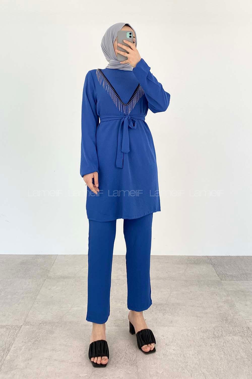 Indigo Crew Neck Long Arm Beaded Ayrobin Trousers Comfortable Suit