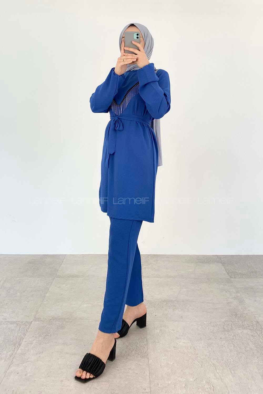 Indigo Crew Neck Long Arm Beaded Ayrobin Trousers Comfortable Suit