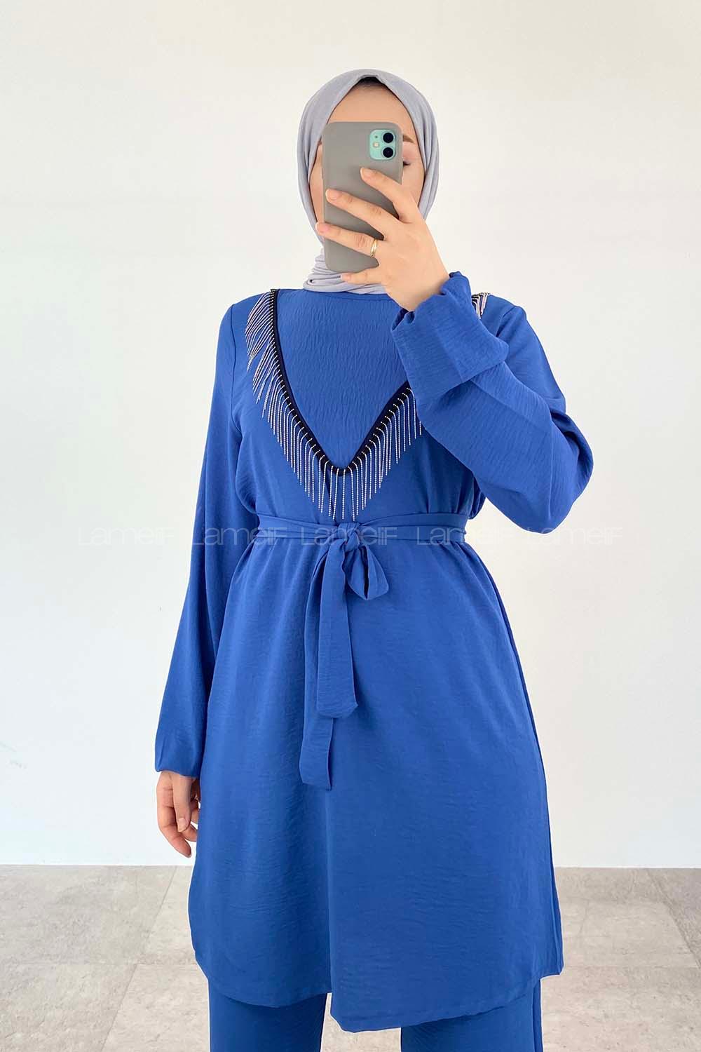 Indigo Crew Neck Long Arm Beaded Ayrobin Trousers Comfortable Suit