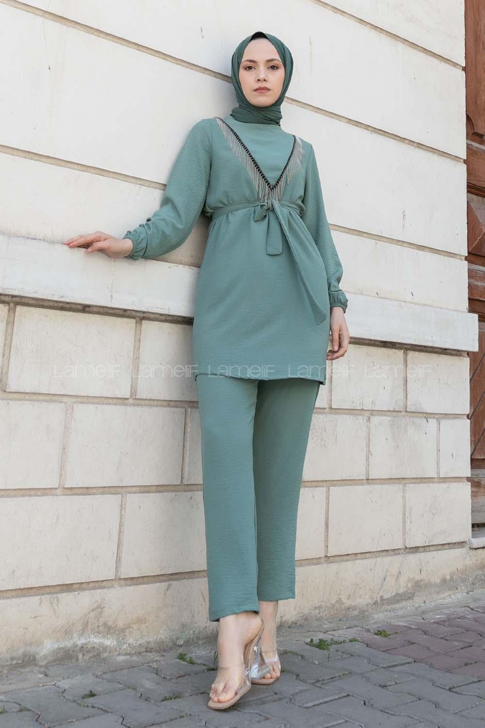 Pastel Green Crew Neck Long Arm Beaded Ayrobin Trousers Comfortable Suit