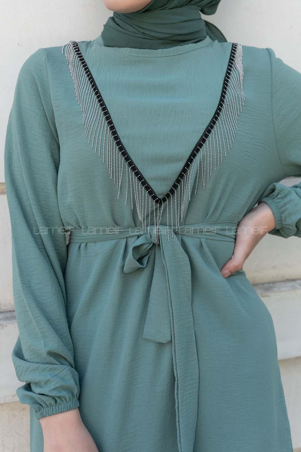 Pastel Green Crew Neck Long Arm Beaded Ayrobin Trousers Comfortable Suit