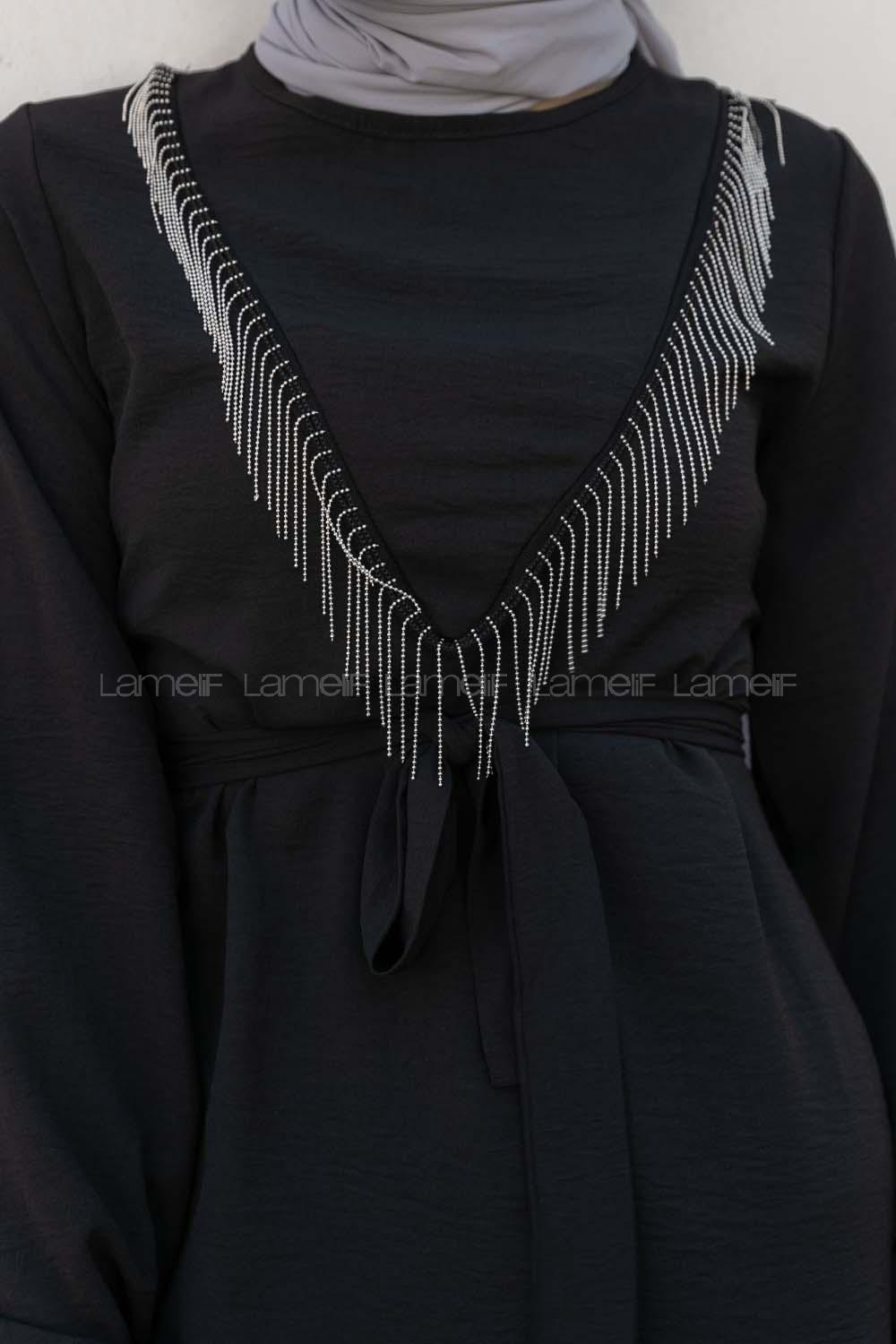 Black Crew Neck Long Arm Beaded Ayrobin Trousers Comfortable Suit