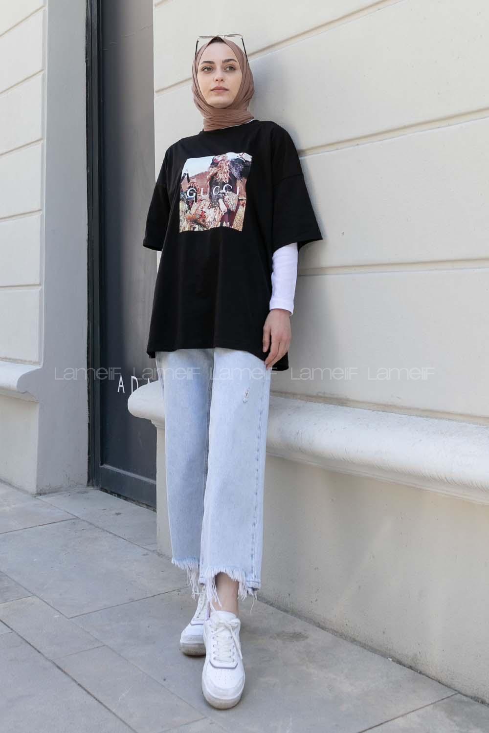 Black Crew Neck Half Arm Arm Cotton Printed T-shirt