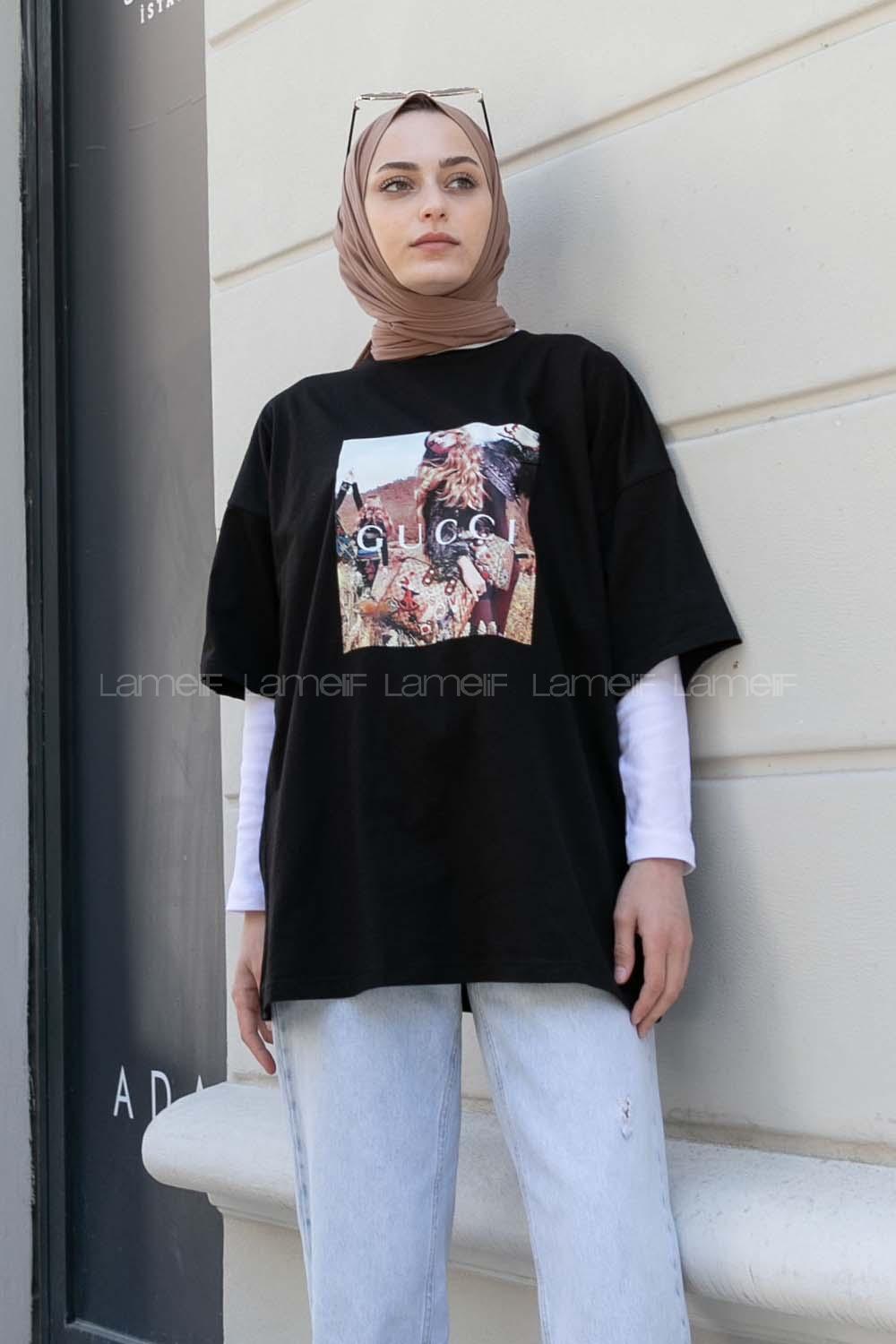 Black Crew Neck Half Arm Arm Cotton Printed T-shirt