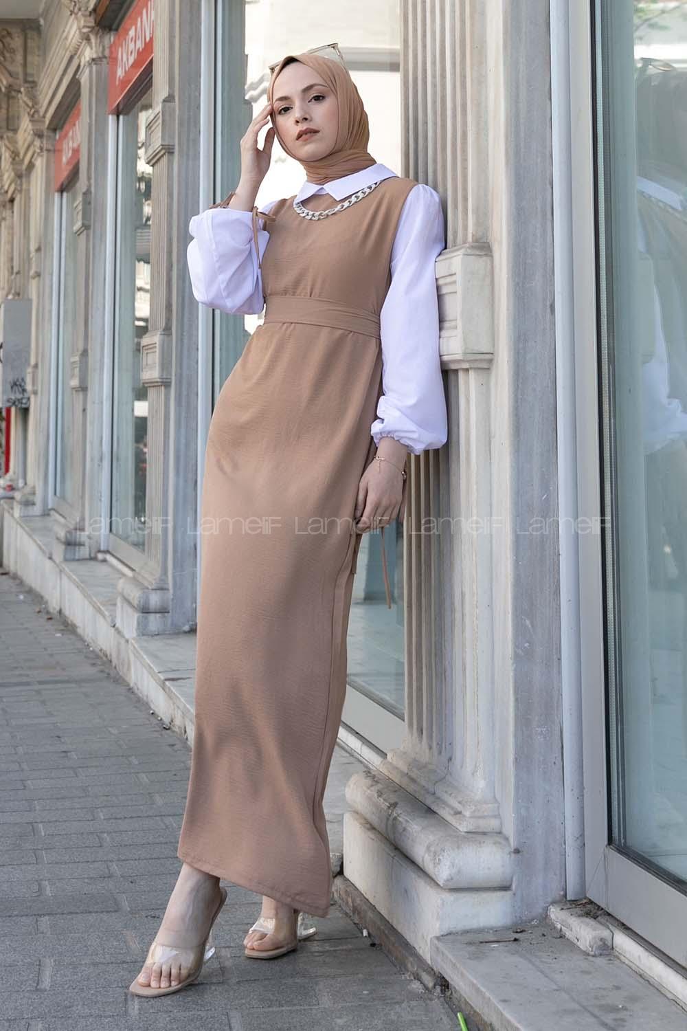 Brown With Milk Shirt Collar Cotton Unprinted Dresess