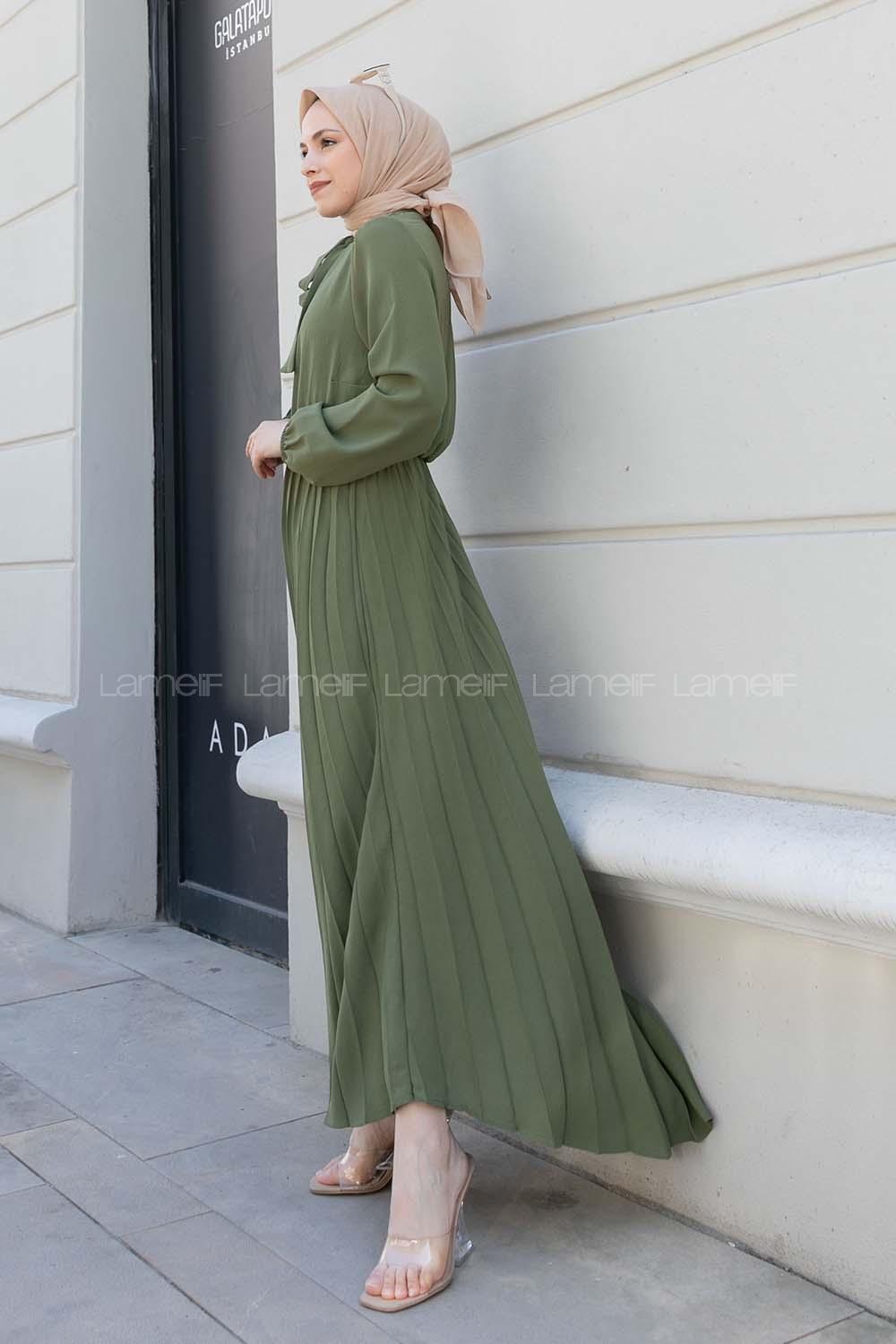 Khaki Crew Neck Ayrobin Unprinted Dresess