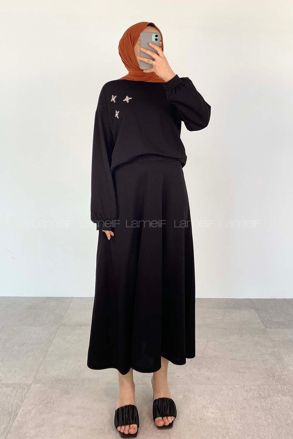 Black Crew Neck Long Arm Pearl Embroidered Crepe Fabric Flare Suit