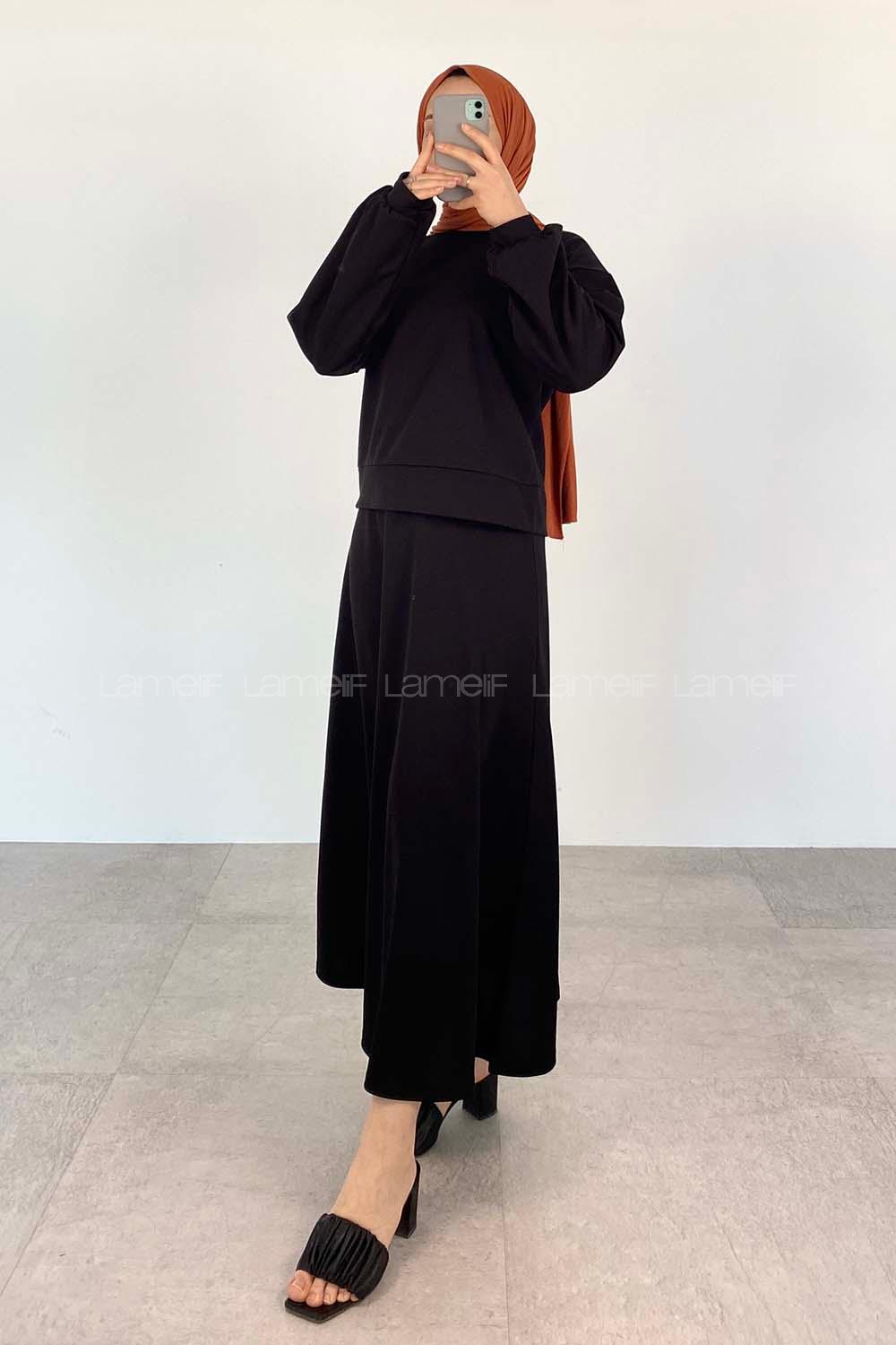 Black Crew Neck Long Arm Pearl Embroidered Crepe Fabric Flare Suit