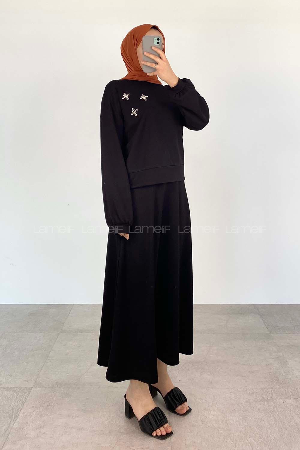Black Crew Neck Long Arm Pearl Embroidered Crepe Fabric Flare Suit