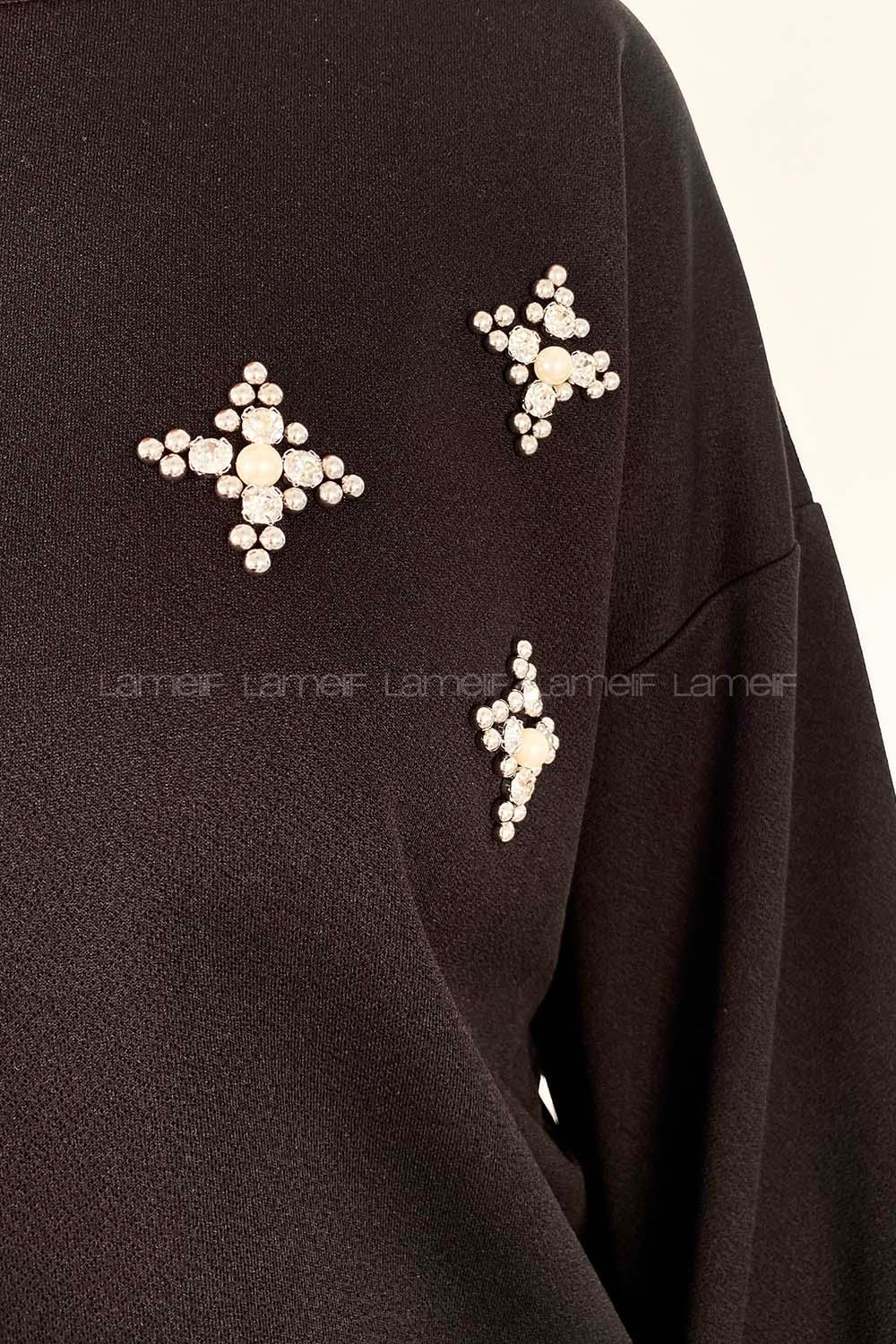 Black Crew Neck Long Arm Pearl Embroidered Crepe Fabric Flare Suit