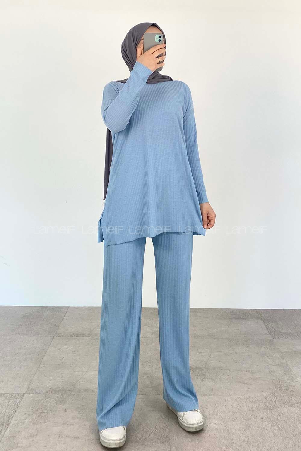 Baby Blue Crew Neck Long Arm Without Accessories Cotton Fabric Regular Trousers Comfortable Suit