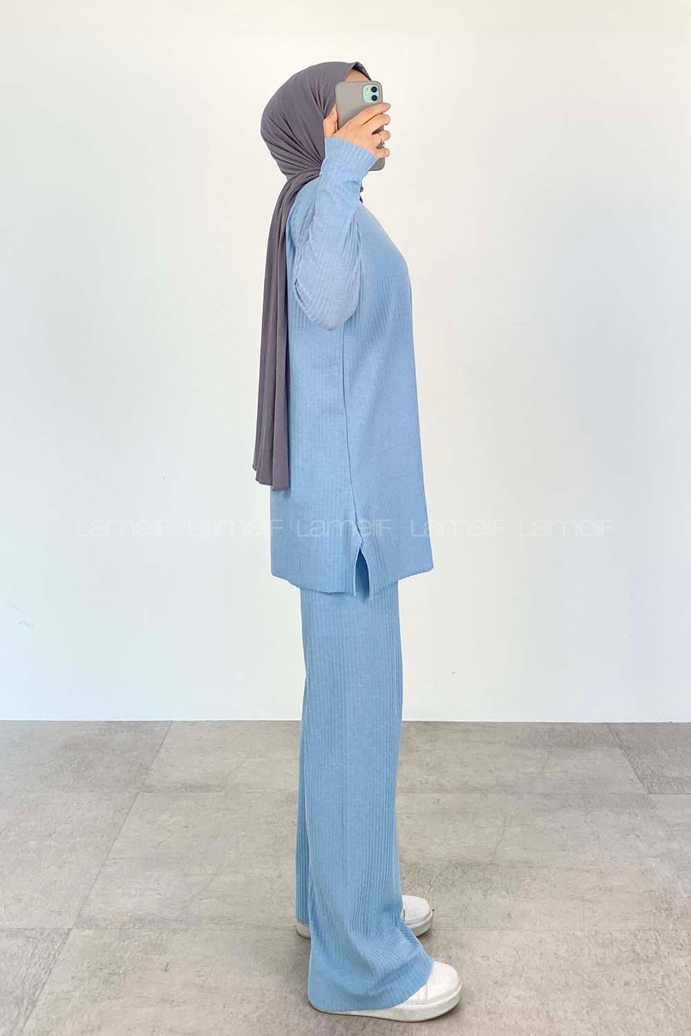 Baby Blue Crew Neck Long Arm Without Accessories Cotton Fabric Regular Trousers Comfortable Suit