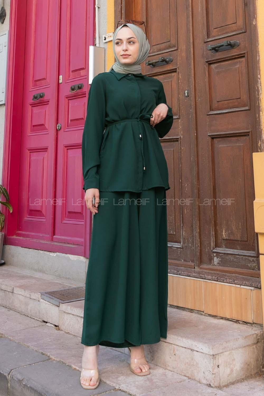 Emerald Green Shirt Collar Long Arm Belted Crepe Fabric Regular Trousers Comfortable Suit