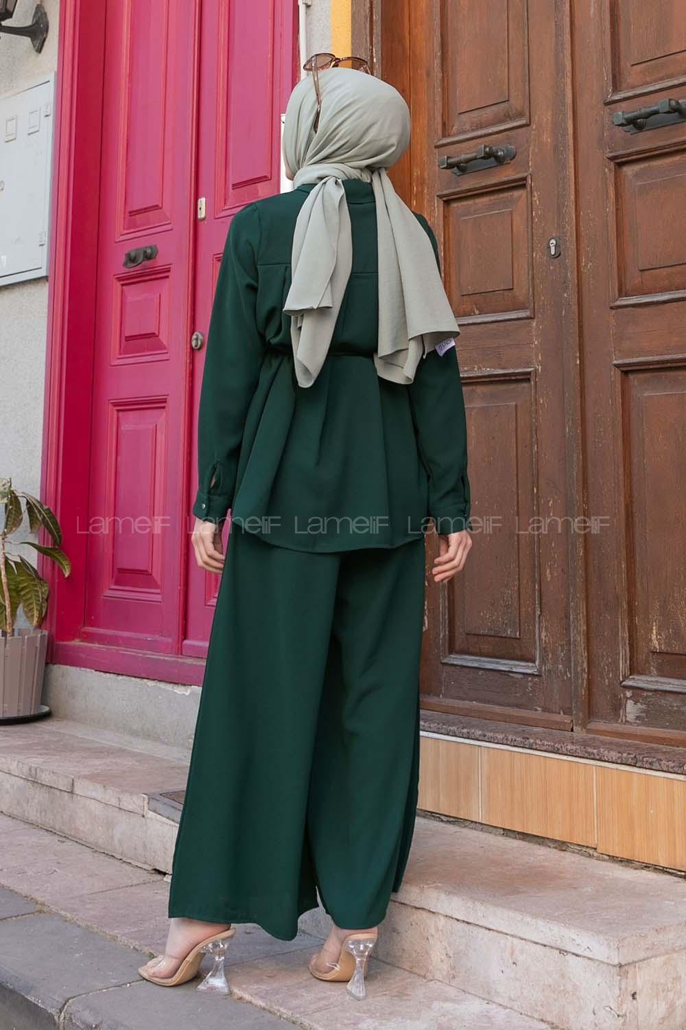 Emerald Green Shirt Collar Long Arm Belted Crepe Fabric Regular Trousers Comfortable Suit