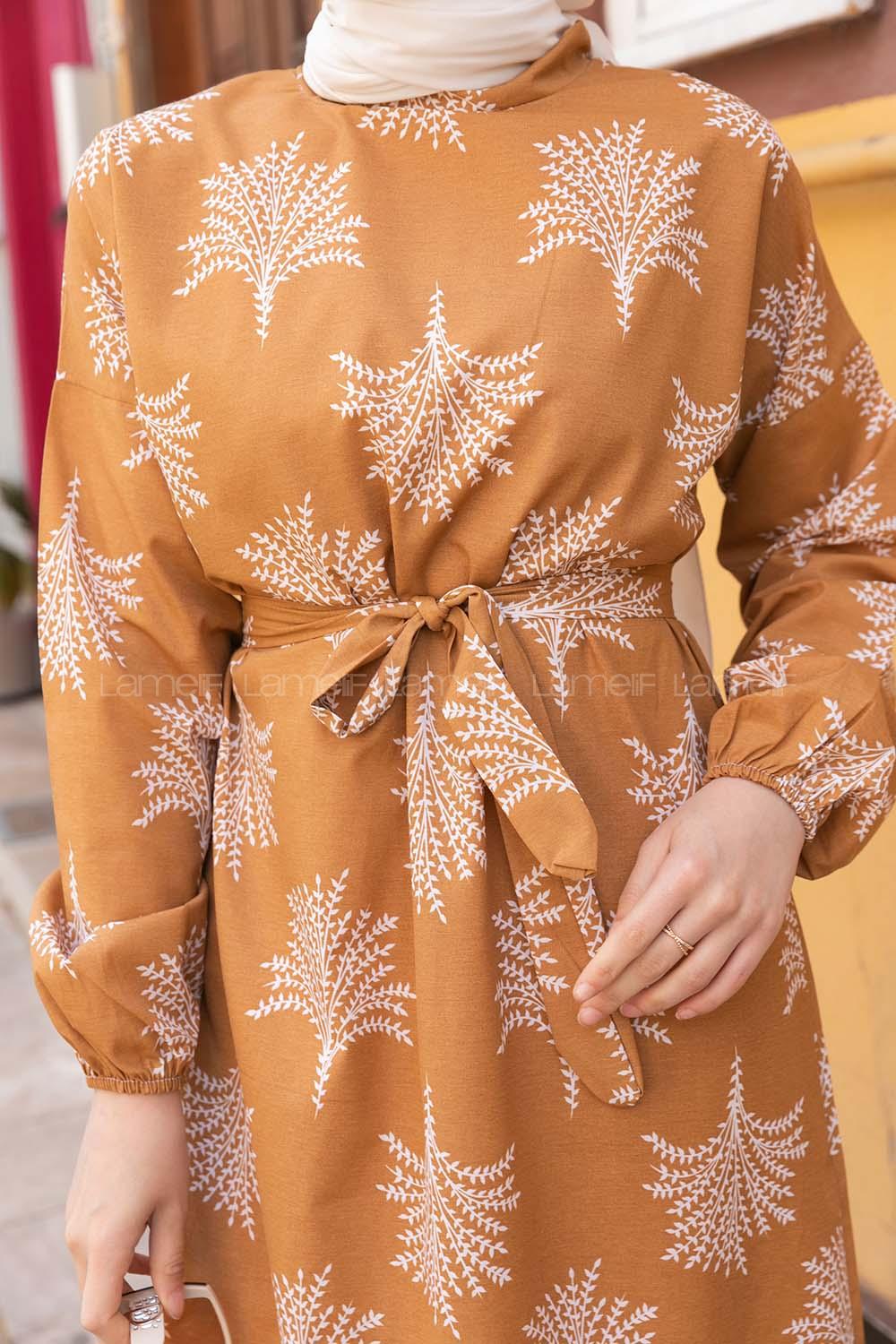 Ocher Mock Turtle Neck Cotton Printed Dresess