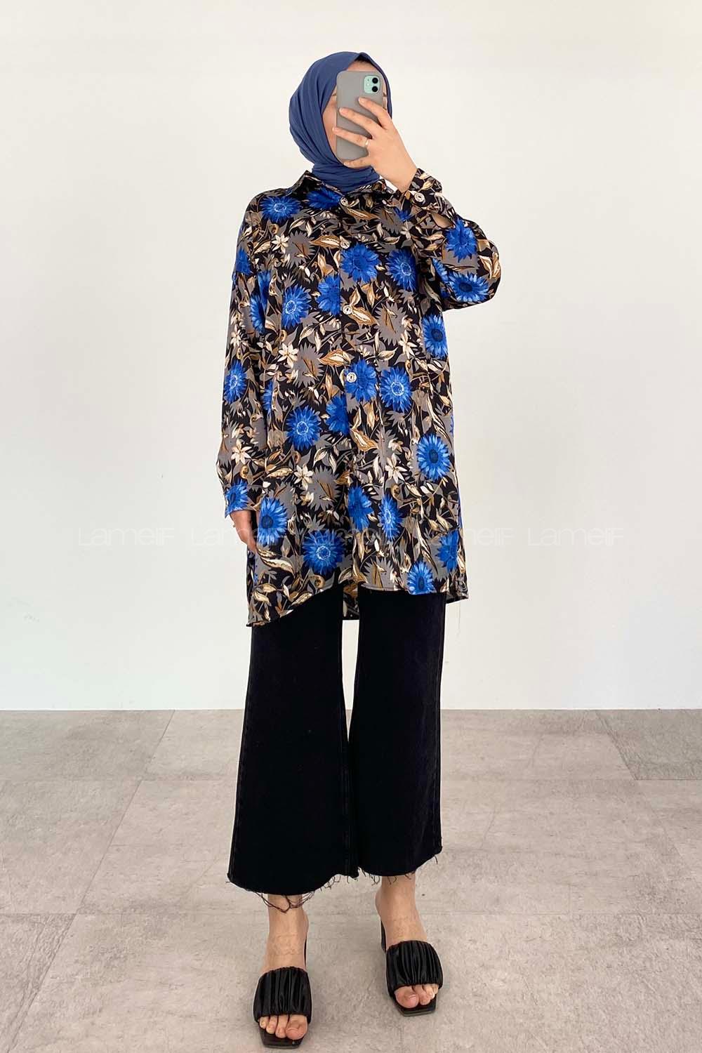 Indigo Shirt Collar Long Arm Cotton Fabric Printed Shirt