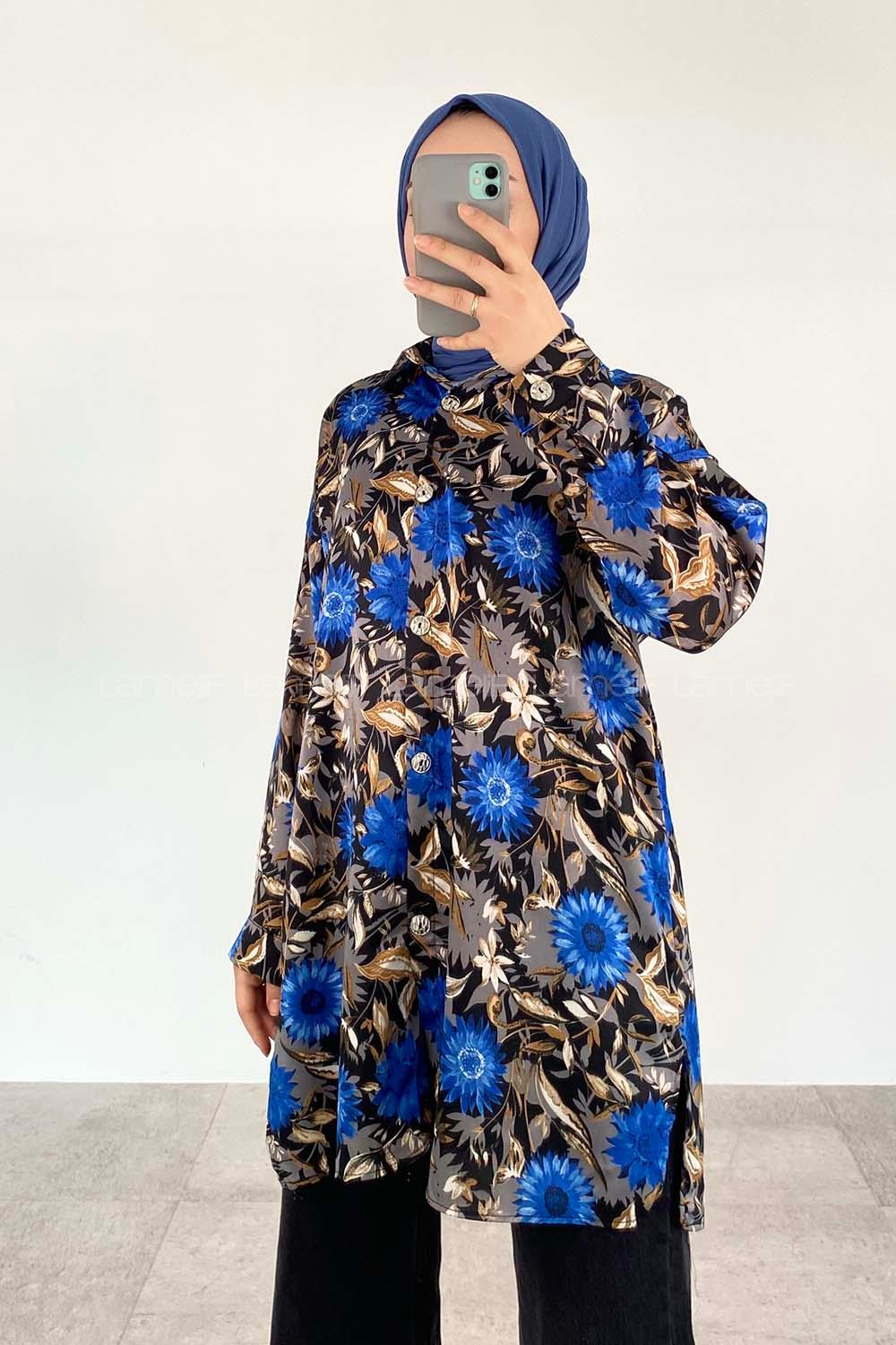 Indigo Shirt Collar Long Arm Cotton Fabric Printed Shirt