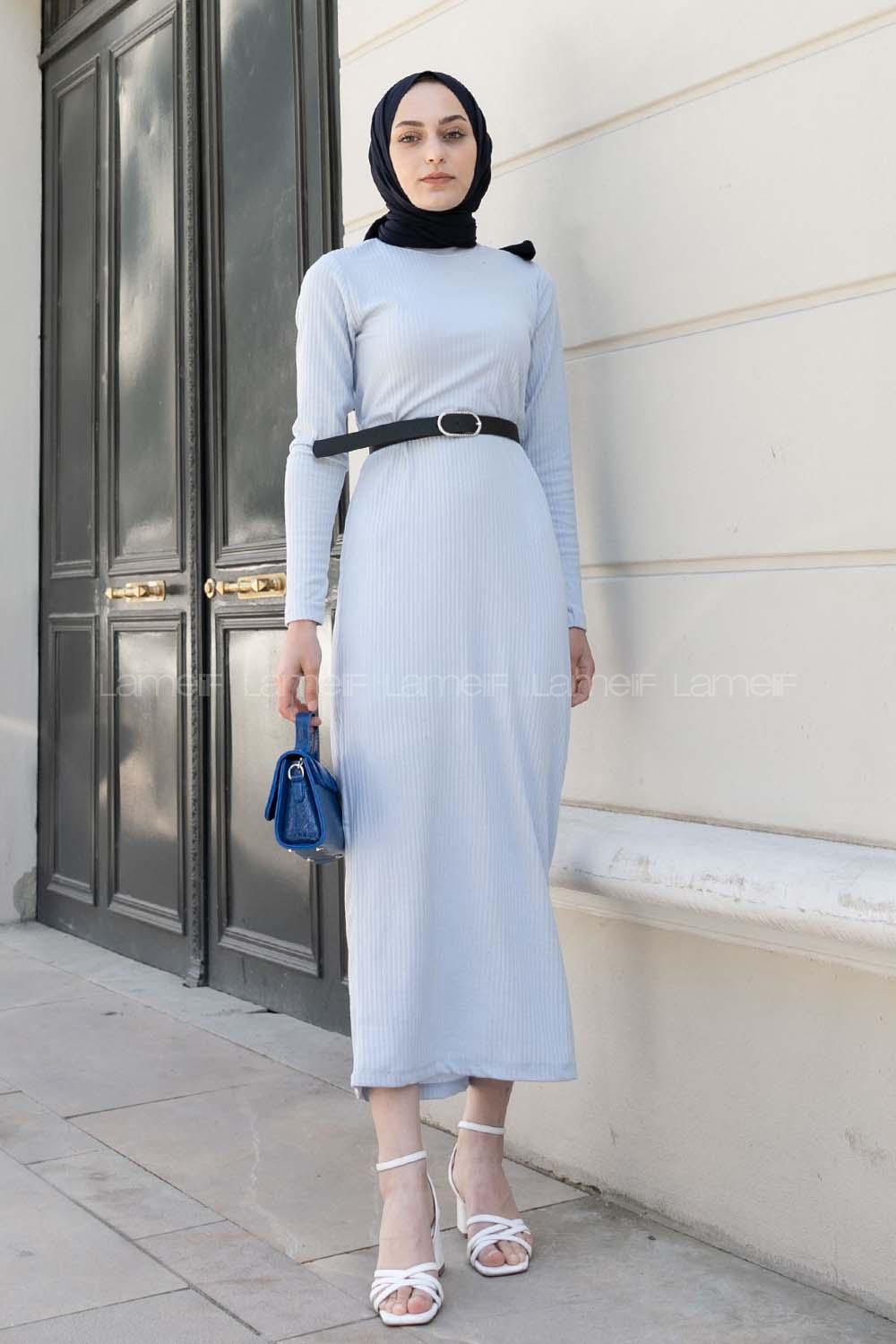 Baby Blue Mock Turtle Neck Knitwear Unprinted Dresess