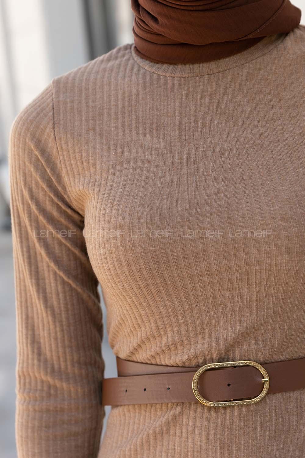 Camel Mock Turtle Neck Knitwear Unprinted Dresess