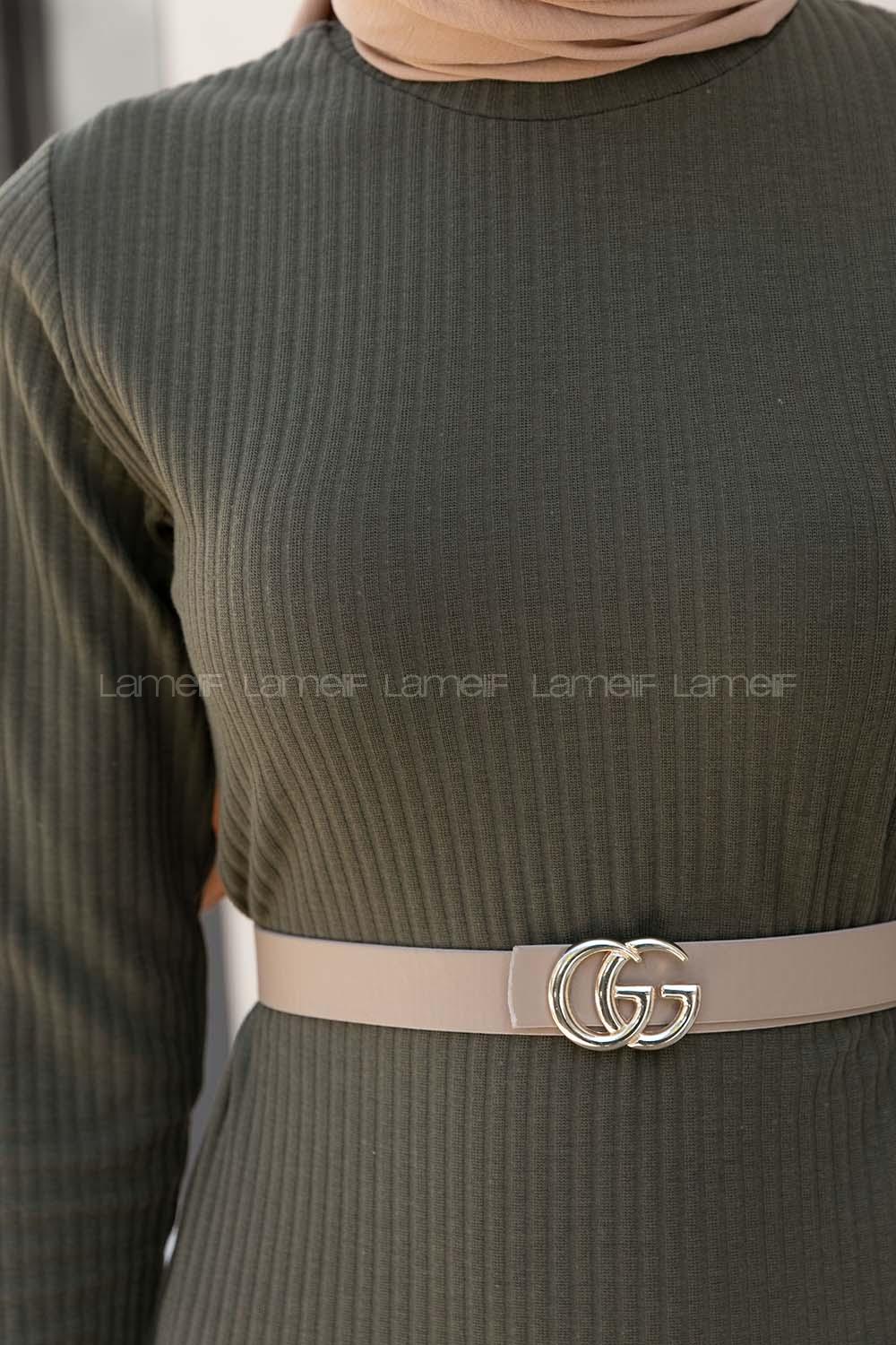 Khaki Mock Turtle Neck Knitwear Unprinted Dresess