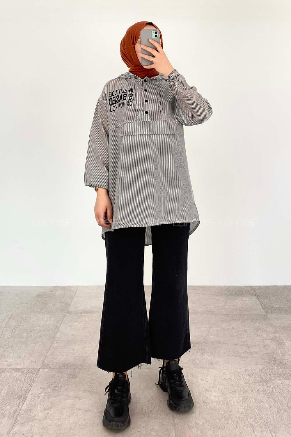 Black Hood Neck Cotton Printed Tunic