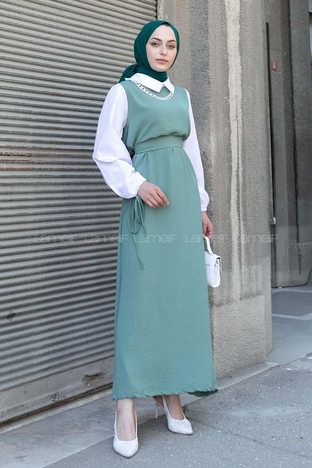 Plum Green Shirt Collar Cotton Unprinted Dresess