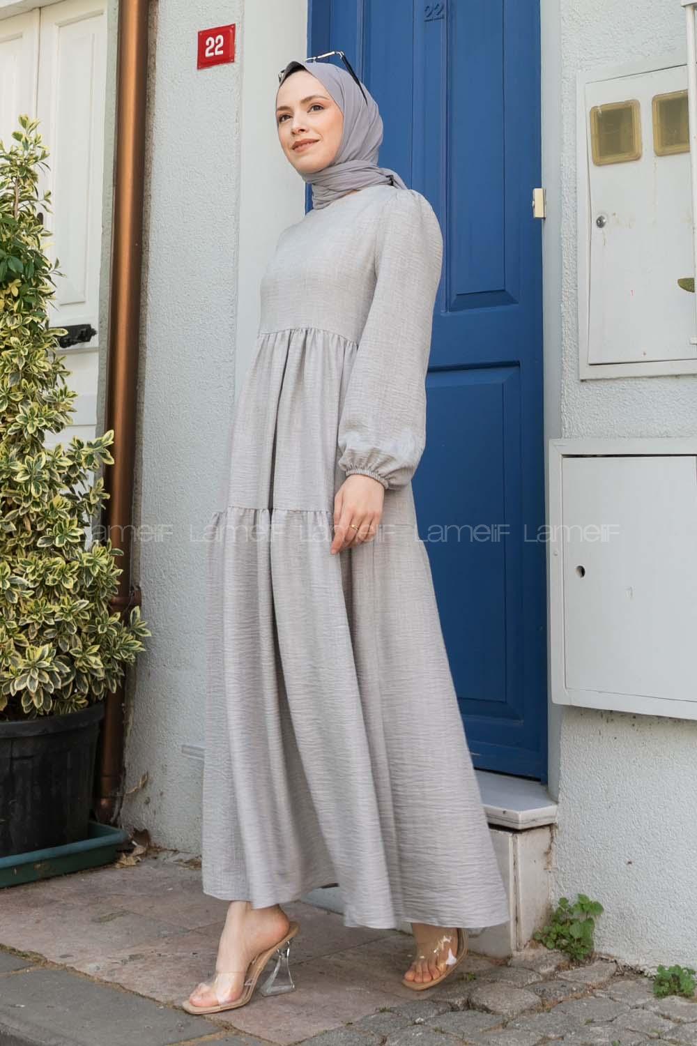 Light Grey Crew Neck Viscose Fabric Unprinted Dresess