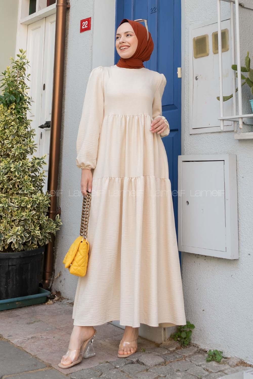 Cream Crew Neck Viscose Fabric Unprinted Dresess