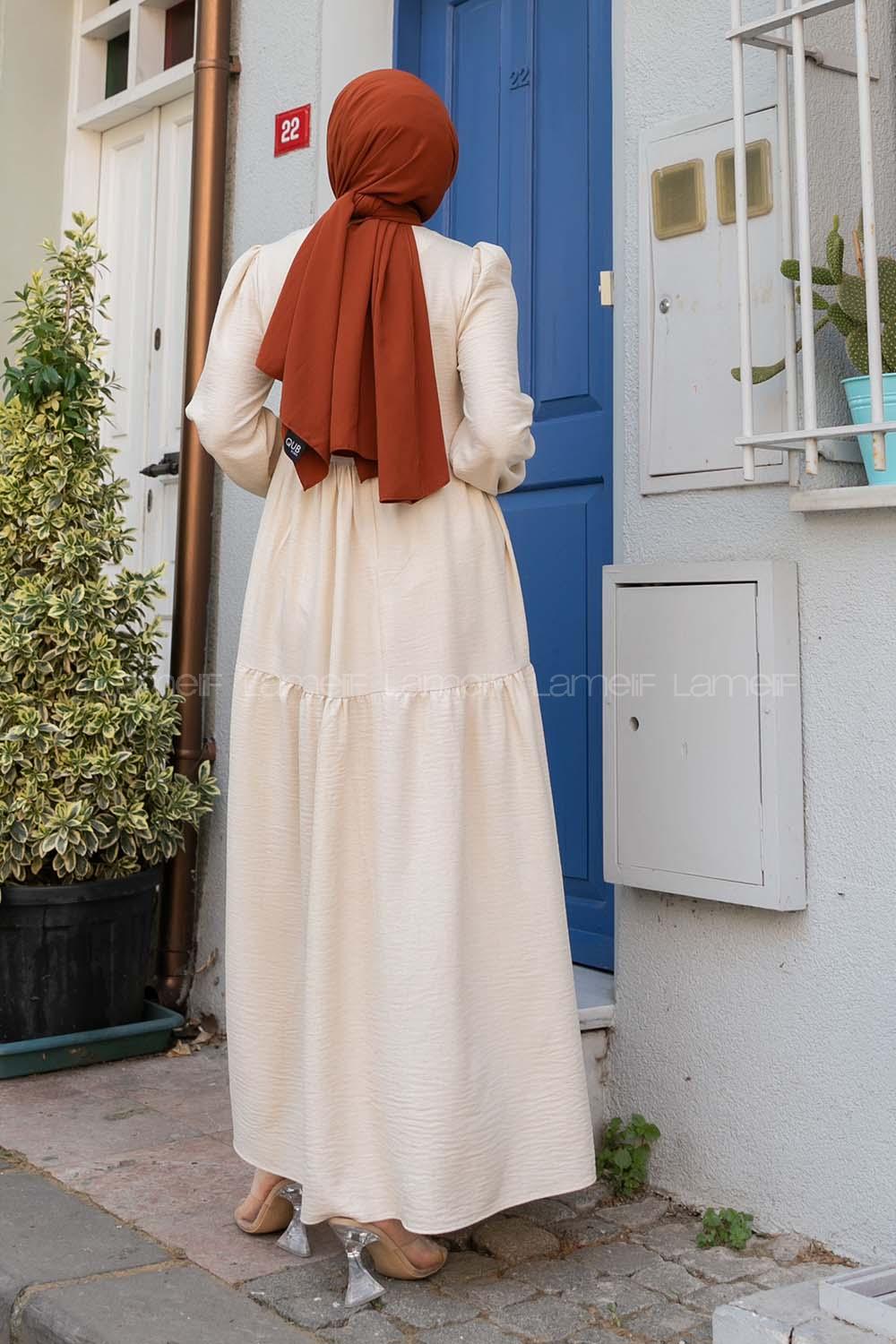 Cream Crew Neck Viscose Fabric Unprinted Dresess