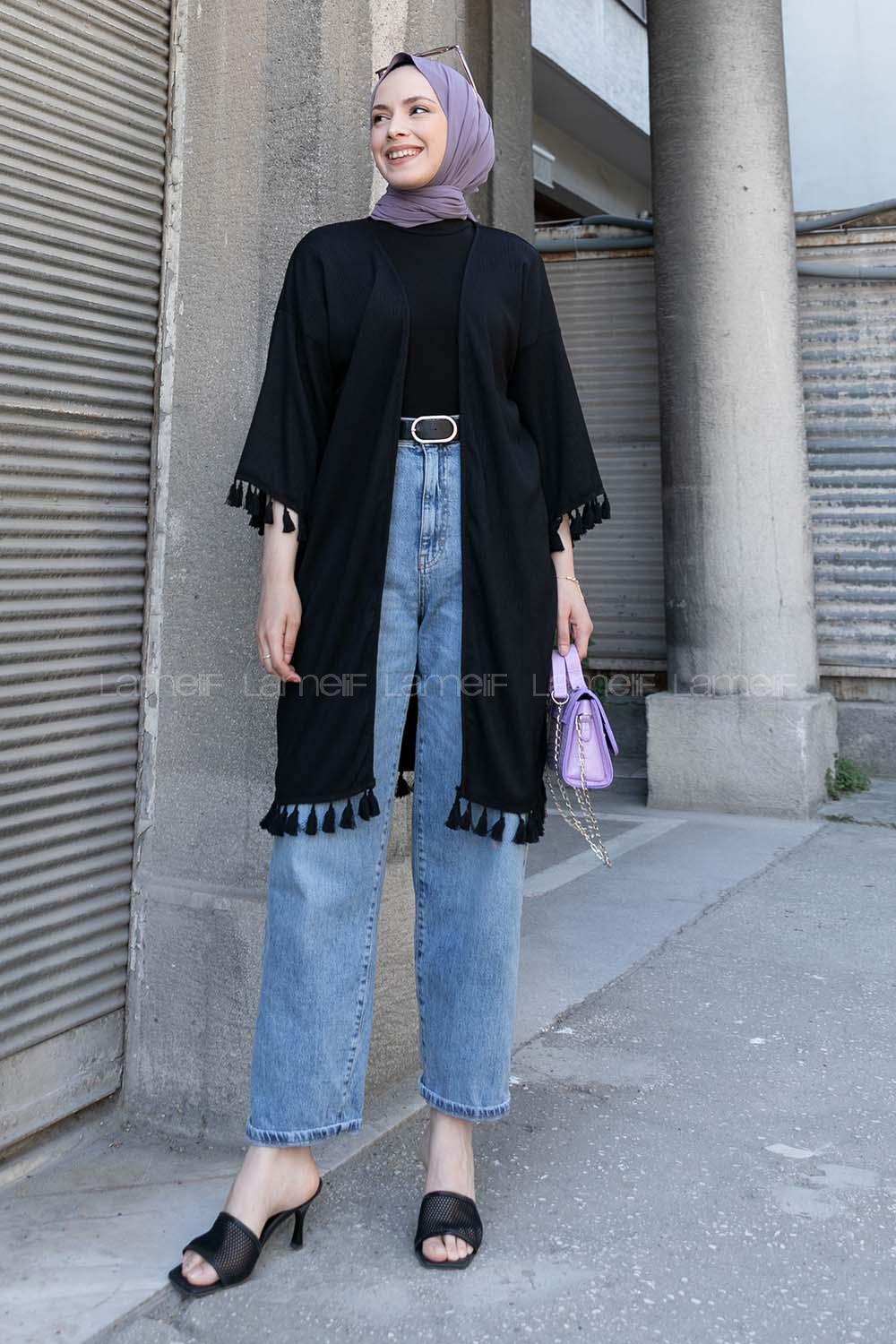 Black Bat Sleeve Arm Without Accessories Cotton Fabric Striped Kimono