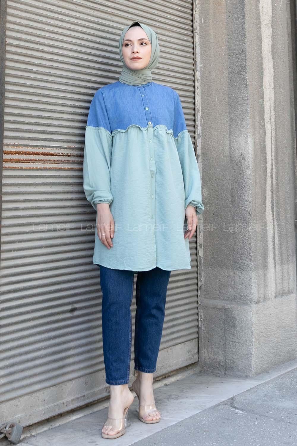 Mint Green Mandarin Collar Long Arm Ayrobin Unprinted Shirt