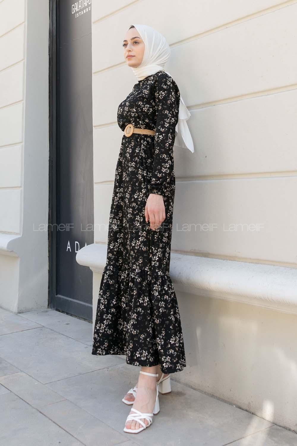 Black Crew Neck Cotton Fabric Printed Dresess