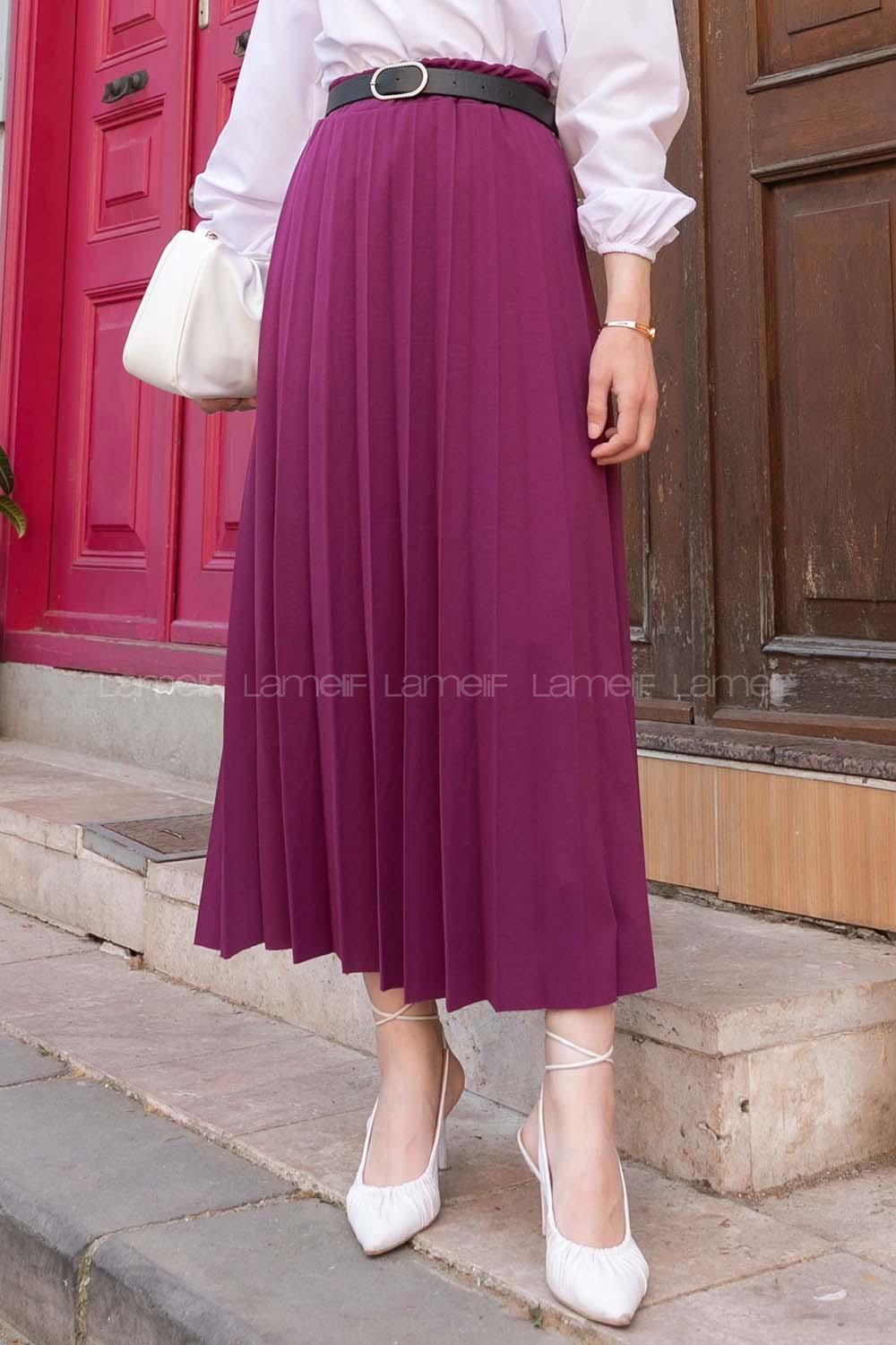 Modalamelif Mira Kumaş Mürdüm Pliseli Etek