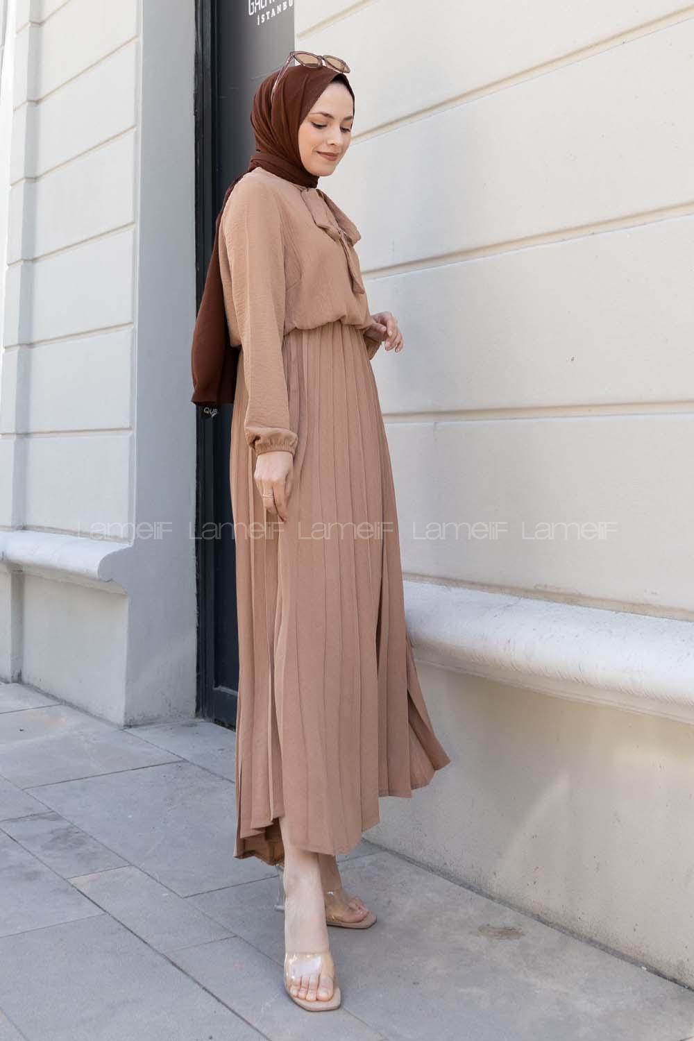 Brown With Milk Crew Neck Ayrobin Unprinted Dresess