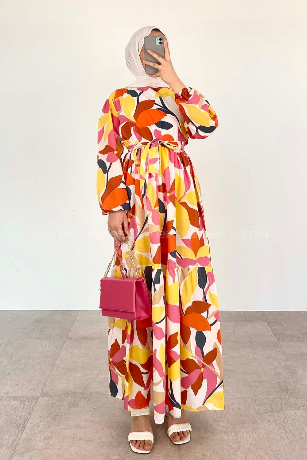 Yellow Crew Neck Cotton Printed Dresess