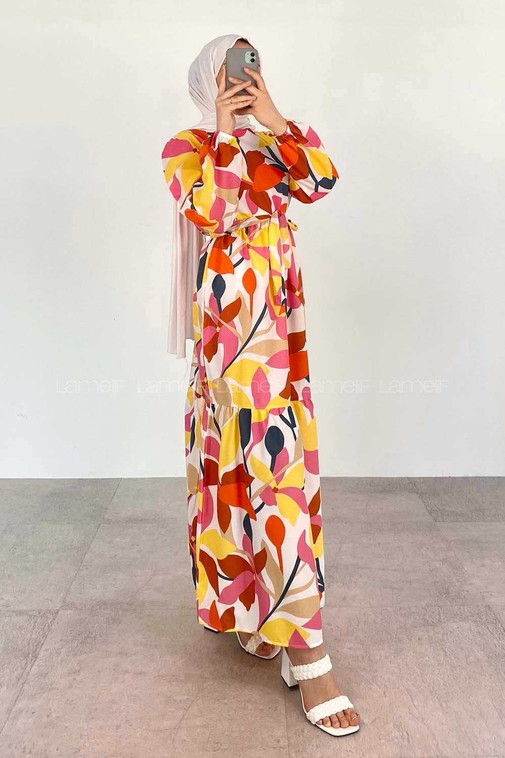 Yellow Crew Neck Cotton Printed Dresess