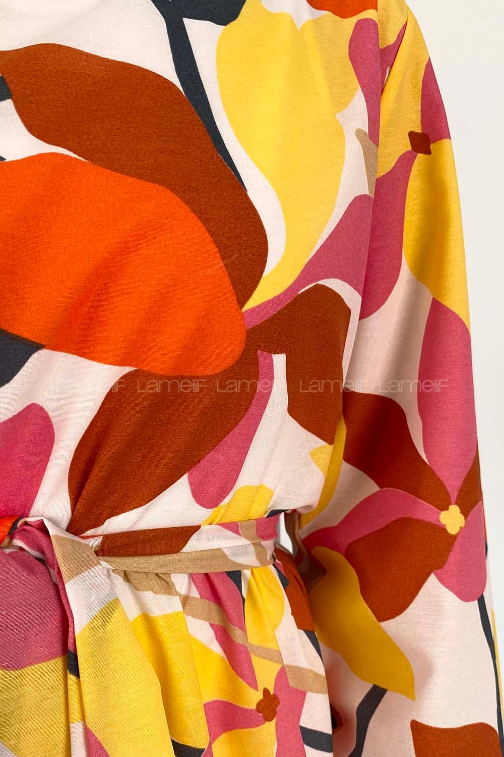 Yellow Crew Neck Cotton Printed Dresess