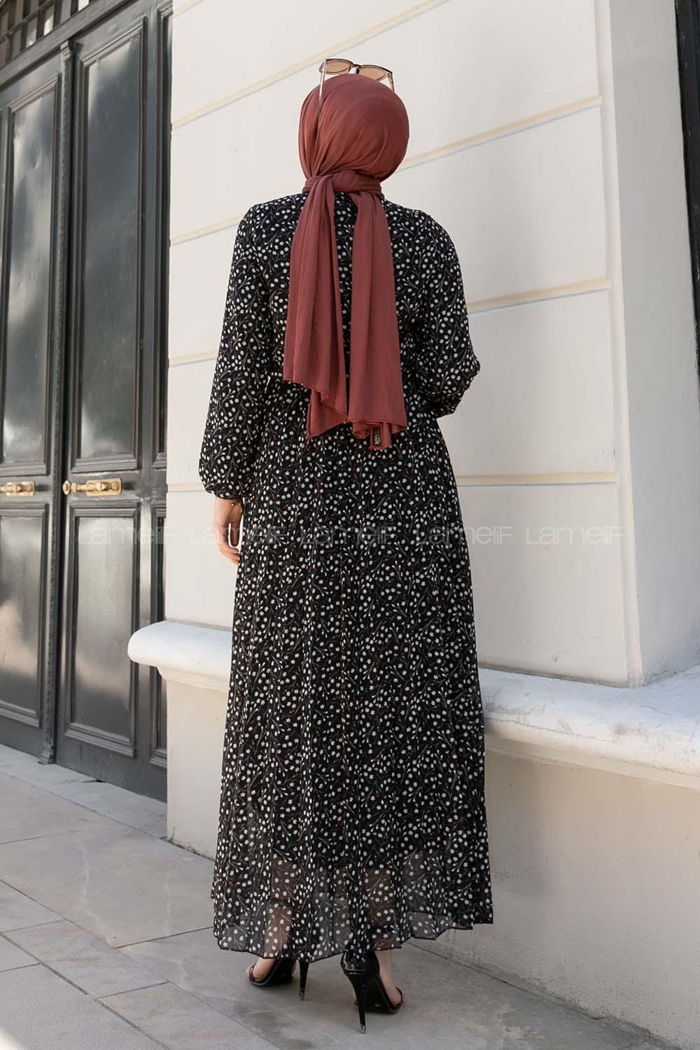 Black Mandarin Collar Cotton Fabric Printed Dresess